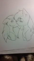 Size: 432x768 | Tagged: safe, artist:mootsarts, derpibooru import, oc, oc:artyste, oc:mistic spirit, unofficial characters only, pegasus, pony, black and white, blushing, cute, female, grayscale, kissing, lesbian, monochrome, oc x oc, shipping, shocked, shocked expression, sketch, traditional art