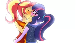 Size: 1366x768 | Tagged: safe, artist:jase1505, deleted from derpibooru, derpibooru import, sci-twi, sunset shimmer, twilight sparkle, series:sunlight horizons, equestria girls, alternate costumes, alternate hairstyle, blushing, clothes, dancing, dress, eyes closed, female, kissing, lesbian, scitwishimmer, shipping, simple background, sunsetsparkle, youtube link