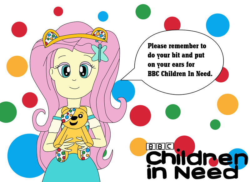 Size: 2337x1700 | Tagged: safe, artist:equestriaguy637, derpibooru import, fluttershy, equestria girls, equestria girls series, bbc, bbc children in need, bear ears, charity, clothes, dress, hairclip, headband, holding, looking at you, plushie, polka dots, pudsey bear, skirt, smiling, speech bubble, talking, talking to viewer, text