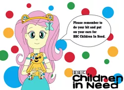 Size: 2337x1700 | Tagged: safe, artist:equestriaguy637, derpibooru import, fluttershy, equestria girls, equestria girls series, bbc, bbc children in need, bear ears, charity, clothes, dress, hairclip, headband, holding, looking at you, plushie, polka dots, pudsey bear, skirt, smiling, speech bubble, talking, talking to viewer, text