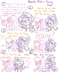 Size: 1280x1611 | Tagged: safe, artist:adorkabletwilightandfriends, derpibooru import, lily, lily valley, spike, starlight glimmer, dragon, earth pony, pony, unicorn, comic:adorkable twilight and friends, acting, adorkable, adorkable friends, blushing, comic, cute, dork, female, food, friendship, hug, humor, jealous, juice, juice box, lilyspike, lineart, love, male, movie, movie night, nervous, popcorn, scared, screaming, shipping, sitting, slice of life, snack, sparlight, spike gets all the mares, spike sandwich, straight