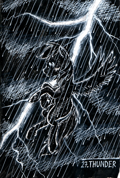 Size: 813x1200 | Tagged: safe, artist:sa1ntmax, derpibooru import, rainbow dash, pony, inktober, inktober 2018, lightning, rain, solo, thunder, thunderstorm, traditional art