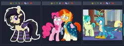 Size: 735x274 | Tagged: safe, derpibooru import, applejack, gallus, pinkie pie, sandbar, sunburst, oc, bat pony, derpibooru, school daze, bat pony oc, bat wings, beard, cape, clothes, facial hair, juxtaposition, juxtaposition win, meme, meta, socks, striped socks, wings