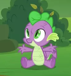 Size: 517x559 | Tagged: safe, derpibooru import, screencap, spike, dragon, father knows beast, baby, baby dragon, bruised, bush, cropped, cute, fangs, feet, folded wings, grass, green eyes, leaves, male, sitting, smiling, spikabetes, winged spike, wings