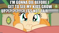 Size: 1280x720 | Tagged: semi-grimdark, derpibooru import, edit, edited screencap, editor:useraccount, screencap, pear butter, earth pony, pony, the perfect pear, caption, crying, excessive exclamation marks, female, image macro, implied apple bloom, implied applejack, implied big macintosh, mare, meme, sad, sad but true, solo, text