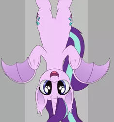 Size: 1153x1226 | Tagged: safe, artist:noosa, derpibooru import, starlight glimmer, alicorn, bat pony, bat pony alicorn, pony, alicornified, bat ponified, bat wings, boo, cute, fangs, female, glimbat, glimmerbetes, horn, looking at you, mare, open mouth, race swap, simple background, smiling, solo, starlicorn, underhoof, upside down, wings, xk-class end-of-the-world scenario