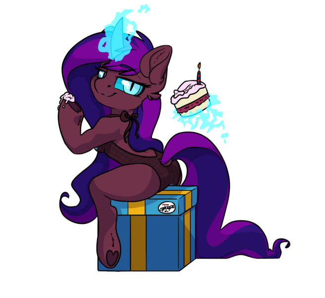 Size: 2947x2696 | Tagged: questionable, artist:spoopygander, derpibooru import, oc, oc:feiya waull, unofficial characters only, anthro, unicorn, arm hooves, bedroom eyes, breasts, cake, clothes, ear fluff, female, food, halterneck, looking back, magic, mare, mesh, multicolored hair, nipples, nudity, one-piece swimsuit, open-back swimsuit, outline, present, sideboob, sitting, smiling, solo, solo female, swimsuit