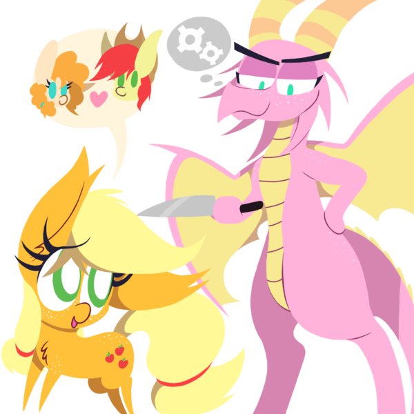 Size: 1000x1000 | Tagged: semi-grimdark, artist:dragonpone, derpibooru import, applejack, bright mac, pear butter, scales (character), dragon, earth pony, pony, the hearth's warming club, butt freckles, chest fluff, claws, cowboy hat, dragon wings, dragoness, ear fluff, female, filly, filly applejack, freckles, hand on hip, hat, heart, horns, imminent death, knife, lidded eyes, lineless, looking back, looking down, male, open mouth, shoulder freckles, simple background, smiling, smirk, speech bubble, spread wings, stallion, thinking, this will end in death, this will end in tears, thought bubble, transparent background, wings, younger