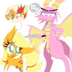 Size: 1000x1000 | Tagged: semi-grimdark, artist:dragonpone, derpibooru import, applejack, bright mac, pear butter, scales (character), dragon, earth pony, pony, the hearth's warming club, butt freckles, chest fluff, claws, cowboy hat, dragon wings, dragoness, ear fluff, female, filly, filly applejack, freckles, hand on hip, hat, heart, horns, imminent death, knife, lidded eyes, lineless, looking back, looking down, male, open mouth, shoulder freckles, simple background, smiling, smirk, speech bubble, spread wings, stallion, thinking, this will end in death, this will end in tears, thought bubble, transparent background, wings, younger