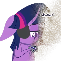 Size: 1000x1000 | Tagged: safe, artist:dragonpone, derpibooru import, twilight sparkle, twilight sparkle (alicorn), alicorn, pony, friendship university, avengers: infinity war, captain marvel (marvel), chest fluff, crossover, curse cut short, dialogue, disguise, disintegration, dust, eyepatch, eyepatch (disguise), female, floppy ears, hoof hold, horn, i don't feel so good, imminent death, implied death, infinity snap, lidded eyes, lineless, mare, marvel, mother fu, nick fury, pager, paper-thin disguise, simple background, solo, thanos snap, transparent background, unamused, wings