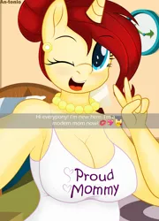 Size: 3960x5500 | Tagged: suggestive, artist:an-tonio, derpibooru import, oc, oc:golden brooch, unofficial characters only, anthro, unicorn, anthro oc, armpits, breasts, cleavage, clothes, ear piercing, female, happy, jewelry, mare, milf, mother, necklace, one eye closed, peace sign, pearl necklace, piercing, selfie, snapchat, solo, solo female, tanktop, wink