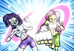 Size: 1300x900 | Tagged: safe, artist:rockzerox, derpibooru import, fluttershy, rarity, human, equestria girls, abuse, badass, belly button, boxing trunks, bruised, clothes, cycling shorts, flutterbadass, gloves, knock out, martial artist rarity, martial arts, mma, mma gloves, punch, raribuse, request, requested art, shorts, sports bra, sports shorts, stars