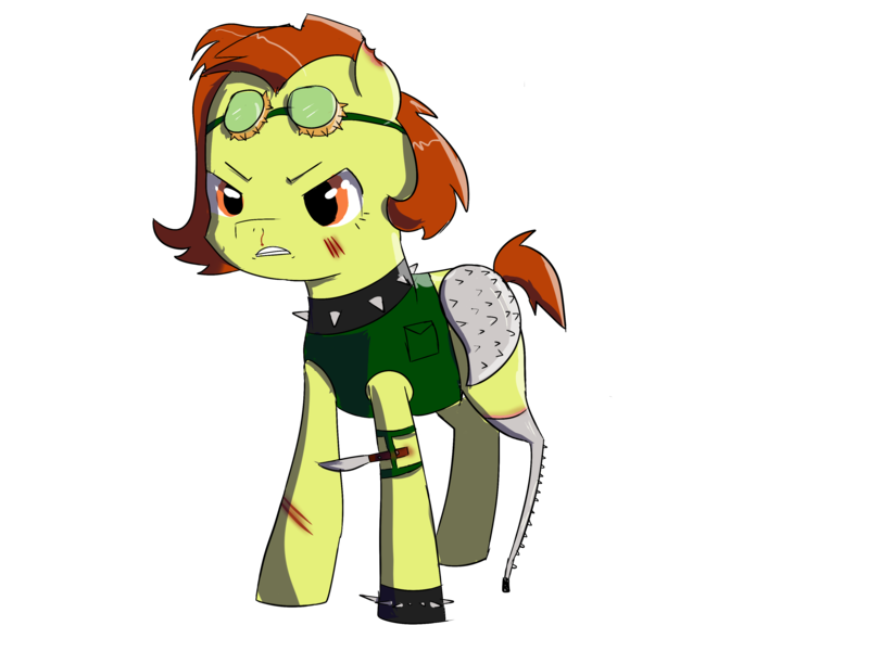 Size: 3600x2700 | Tagged: amputee, angry, armor, artist:dumbwoofer, blood, clothes, collar, derpibooru import, fallout equestria, female, goggles, knife, mare, mean, oc, oc:trippo, prosthetic limb, prosthetics, raider, safe, scar, spikes, vest