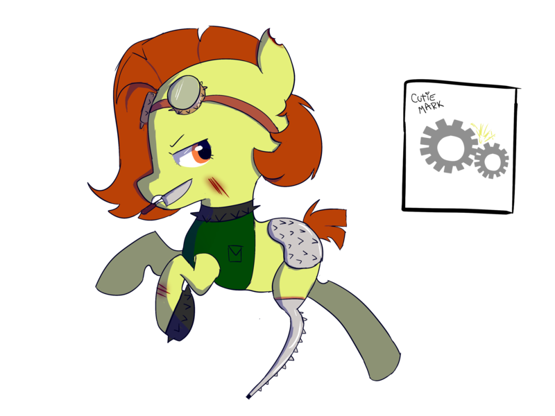 Size: 3600x2700 | Tagged: safe, derpibooru import, oc, oc:trippo, earth pony, pony, fallout equestria, amputee, armor, cutie mark, female, goggles, knife, mean, prosthetic limb, prosthetics, raider, scar, solo, spikes