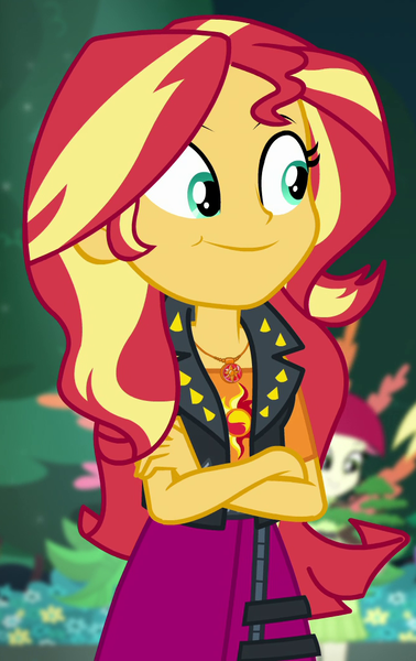 Size: 662x1052 | Tagged: safe, derpibooru import, screencap, roseluck, sunset shimmer, equestria girls, equestria girls series, forgotten friendship, cropped, geode of empathy, magical geodes, smiling, smug, solo