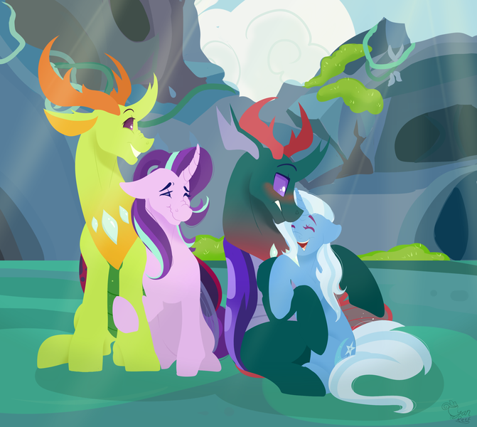 Size: 2781x2485 | Tagged: artist:atlasnavigato, blushing, changedling, changedling brothers, changeling, couples, crack shipping, derpibooru import, female, glimax, holding hooves, hug, interspecies, king thorax, male, phartrix, pharynx, prince pharynx, safe, shipping, starlight glimmer, straight, thorax, trixie