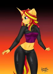 Size: 1447x2046 | Tagged: safe, artist:salamishowdown, derpibooru import, sunset shimmer, anthro, ambiguous facial structure, belly button, clothes, midriff, short shirt, signature, solo, sunset