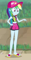 Size: 382x740 | Tagged: safe, derpibooru import, screencap, rainbow dash, equestria girls, equestria girls series, forgotten friendship, beach, bikini, bikini top, cap, clothes, cropped, cute, dashabetes, feet, flip-flops, geode of super speed, hat, legs, magical geodes, pointing, sandals, shorts, sleeveless, swimming trunks, swimsuit