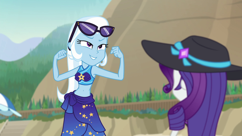 Size: 1920x1080 | Tagged: safe, derpibooru import, screencap, rarity, trixie, equestria girls, equestria girls series, forgotten friendship, beach, beach babe, belly button, bikini, bikini babe, bikini top, clothes, flexing, great and powerful, hat, midriff, sarong, sun hat, sunglasses, swimsuit