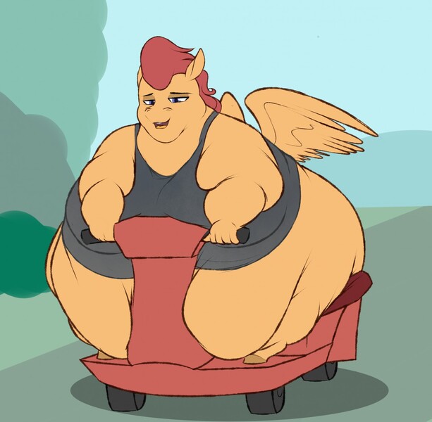 Size: 1280x1252 | Tagged: anthro, artist:astr0zone, belly, big belly, bingo wings, blob, butt, derpibooru import, fat, huge belly, huge butt, impled immobility, impossibly large belly, impossibly large butt, impossibly wide hips, large belly, large butt, mobility scooter, moobs, morbidly obese, obese, oc, oc:astrozone, questionable, solo, unguligrade anthro, wide hips