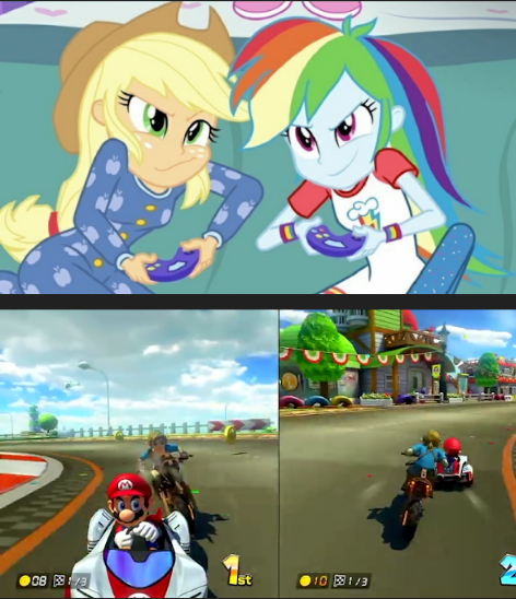 Size: 472x548 | Tagged: safe, derpibooru import, edit, applejack, rainbow dash, equestria girls, rainbow rocks, applejack and rainbow dash playing, exploitable meme, link, mario, mario kart, mario kart 8 deluxe, meme, nintendo, super mario bros., the legend of zelda