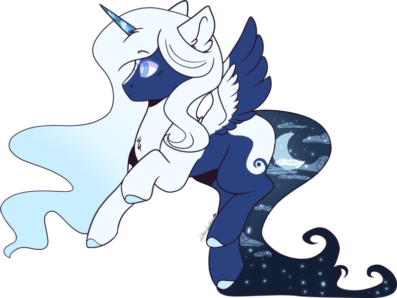 Size: 2249x1689 | Tagged: safe, artist:sora-choi, derpibooru import, oc, oc:frozen song, alicorn, hybrid, pony, alicorn oc, female, horn, mare, offspring, parent:princess luna, parent:windigo, simple background, solo, transparent background, wings