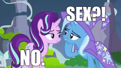 Size: 1280x720 | Tagged: suggestive, derpibooru import, edit, edited screencap, editor:useraccount, screencap, starlight glimmer, trixie, pony, unicorn, to change a changeling, caption, exclamation point, female, friendzone, image macro, interrobang, lesbian, meme, one sided shipping, question mark, shipping, startrix, text, trixie yells at everything