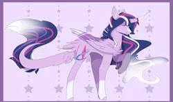 Size: 2291x1352 | Tagged: safe, artist:sora-choi, derpibooru import, twilight sparkle, twilight sparkle (alicorn), alicorn, pony, abstract background, alicornified, chest fluff, curved horn, cutie mark, female, g5, horn, horn jewelry, jewelry, leonine tail, looking at you, mare, race swap, raised hoof, redesign, smiling, solo, tail feathers, twilight sparkle (g5)