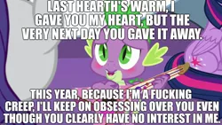 Size: 1920x1080 | Tagged: safe, derpibooru import, edit, edited screencap, screencap, rarity, spike, twilight sparkle, twilight sparkle (alicorn), alicorn, best gift ever, abuse, anti-shipping, blushing, caption, female, go to sleep garble, grammar error, guitar, hearth's warming, hearth's warming eve, image macro, male, meme, musical instrument, one sided shipping, shipping, shitposting, singing, song reference, sparity, spikeabuse, straight, text, vulgar