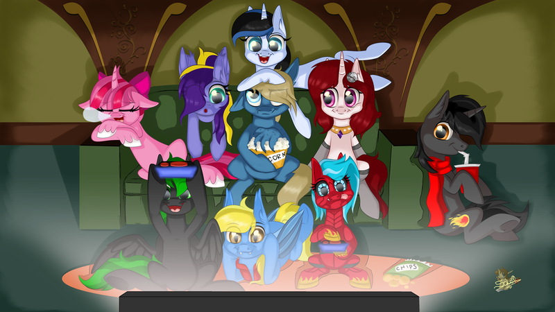 Size: 1200x675 | Tagged: safe, artist:unisoleil, derpibooru import, oc, oc:aliax smily, oc:chip megabyte, oc:mirror image, oc:mistress ecstacy, oc:moonsaber, oc:pyre light, oc:ruby sparkler, oc:serena, oc:swift harmony, unofficial characters only, bat pony, pegasus, pony, robot, robot pony, unicorn, clothes, female, food, image, male, mare, png, popcorn, scarf, stallion, video game