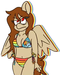 Size: 810x1010 | Tagged: anthro, artist:threetwotwo32232, belly button, bikini, clothes, derpibooru import, female, looking at you, midriff, oc, oc:red, pegasus, rainbow dash bikini, safe, side-tie bikini, solo, swimsuit