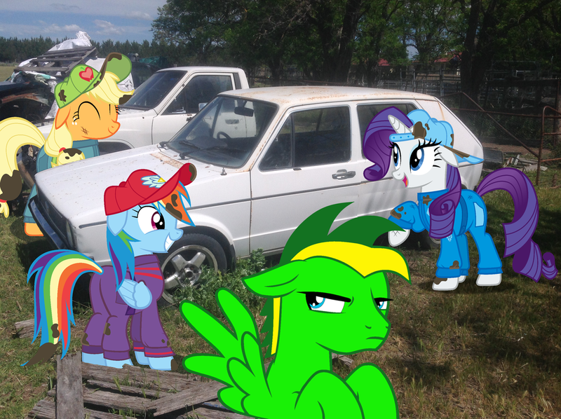 Size: 1024x765 | Tagged: safe, artist:didgereethebrony, derpibooru import, applejack, rainbow dash, rarity, oc, oc:didgeree, pony, the cart before the ponies, australia, backwards ballcap, baseball cap, cap, car, clothes, didgeree collection, golf, grease, hat, irl, mk 1 golf, mlp in australia, oil, overalls, photo, ponies in real life, sports, unhappy, volkswagen, volkswagen golf