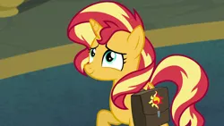 Size: 1920x1080 | Tagged: safe, derpibooru import, screencap, sunset shimmer, pony, unicorn, equestria girls, equestria girls series, forgotten friendship, bag, cute, female, mare, saddle bag, shimmerbetes, solo