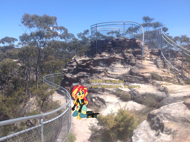 Size: 1024x765 | Tagged: safe, artist:didgereethebrony, derpibooru import, sunset shimmer, pony, equestria girls, australia, blue mountains, cliff, equestria girls in real life, fence, irl, lookout, mlp in australia, photo, ponies in real life, scared, solo, tree