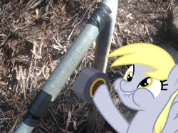 Size: 1024x765 | Tagged: safe, artist:didgereethebrony, derpibooru import, derpy hooves, pony, duct tape, faic, irl, photo, ponies in real life, railing, repair, solo, tape