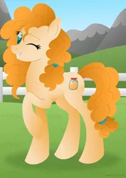 Size: 1024x1448 | Tagged: safe, artist:lavenderrain24, derpibooru import, pear butter, earth pony, pony, cute, female, fence, freckles, grass, mare, mountain, one eye closed, sky, smiling, solo, wink