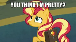 Size: 600x337 | Tagged: safe, derpibooru import, edit, edited screencap, screencap, sunset shimmer, pony, unicorn, equestria girls, equestria girls series, forgotten friendship, bronybait, caption, female, image macro, mare, meme, text