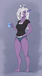 Size: 707x1280 | Tagged: anthro, artist:skecchiart, barefoot, blue underwear, clothes, coffee, derpibooru import, feet, giraffe, looking at you, oc, oc:adrianna, panties, plantigrade anthro, safe, solo, source needed, tired, underwear, unofficial characters only