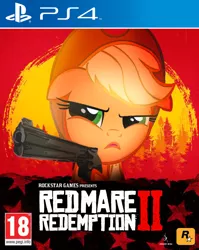 Size: 706x887 | Tagged: applejack, artist:zidanemina, box art, derpibooru import, floppy ears, gun, handgun, meme, old west, parody, playstation, playstation 4, red dead redemption, red dead redemption 2, revolver, rockstar games, rockstar games logo, safe, solo, video game, weapon