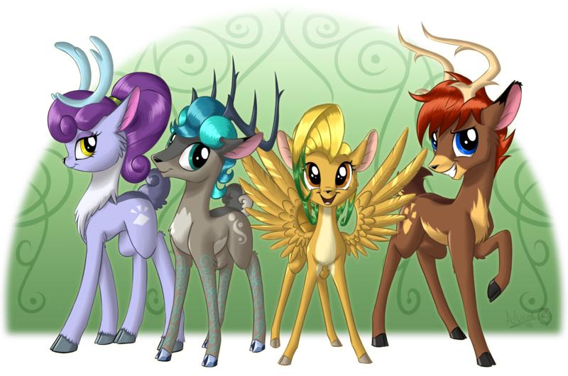 Size: 2143x1420 | Tagged: artist:sirzi, deer, deer four, deer oc, deer pony, derpibooru import, doe, female, fordeer, grin, horns, male, non-pony oc, nordeer, oc, oc:hazel nut, oc:niceprill, oc:stemlet mind, oc:windy leaves, open mouth, original species, pale belly, peryton, safe, smiling, spread wings, teeth, unofficial characters only, vitrung, wings