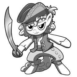 Size: 3000x3000 | Tagged: safe, artist:petirep, derpibooru import, oc, unofficial characters only, pony, buck legacy, bags under eyes, bipedal, black and white, card art, colorless, cutlass, fantasy class, female, furrowed brow, grayscale, hat, mare, menacing, monochrome, pirate, pirate hat, simple background, solo, sword, transparent background, weapon