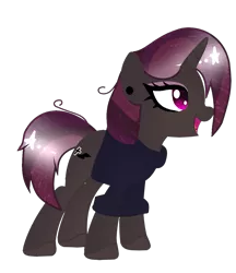 Size: 1001x1161 | Tagged: safe, artist:anisa-mlp222, artist:space--paws0w0, derpibooru import, oc, oc:dark nebula, unofficial characters only, pony, unicorn, icey-verse, base used, clothes, commission, ear piercing, earring, eyeshadow, female, jewelry, magical lesbian spawn, makeup, mare, next generation, offspring, open mouth, parent:moondancer, parent:oc:nocturne scroll, parents:canon x oc, parents:moonscroll, piercing, simple background, solo, sweater, tongue piercing, transparent background