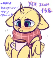 Size: 2724x2898 | Tagged: safe, artist:pesty_skillengton, derpibooru import, oc, pony, avatar, clothes, coffee, commission, confused, cute, icon, scarf, solo, your character here