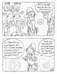 Size: 849x1100 | Tagged: alicorn, anthro, applejack, artist:circe, black and white, comic:soreloser, derpibooru import, grayscale, inspector jacques clouseau, jewel, mind blown, monochrome, pinkie pie, rainbow dash, safe, traditional art, twilight sparkle, twilight sparkle (alicorn), unguligrade anthro, vault