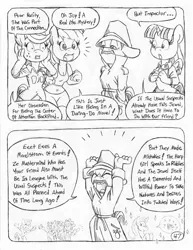 Size: 849x1100 | Tagged: alicorn, anthro, applejack, artist:circe, black and white, blue nile, chico marx, comic:soreloser, derpibooru import, grayscale, groucho marx, harpo marx, inspector jacques clouseau, louise the singing harp, marx brothers, monochrome, rainbow dash, safe, traditional art, twilight sparkle, twilight sparkle (alicorn), unguligrade anthro