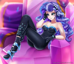 Size: 1200x1043 | Tagged: safe, artist:racoonsan, derpibooru import, rarity, human, equestria girls, equestria girls series, the other side, armpits, bare shoulders, beautiful, beautisexy, bodysuit, boots, breasts, clothes, fabulous, female, gloves, headphones, high heel boots, high heels, human coloration, humanized, sexy, shoes, sleeveless, solo, strapless, stupid sexy rarity, unitard