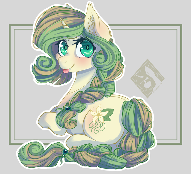 Size: 2578x2353 | Tagged: safe, artist:skylacuna, derpibooru import, oc, oc:forest blossom, unofficial characters only, pony, unicorn, female, mare, prone, solo, tongue out