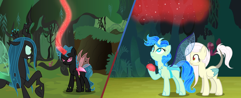 Size: 6920x2800 | Tagged: artist:velveagicsentryyt, changedling, changeling, clone, derpibooru import, hybrid, interspecies offspring, oc, oc:chrystallis, oc:destiny, offspring, parent:discord, parent:fluttershy, parent:queen chrysalis, parents:discoshy, queen chrysalis, safe