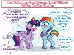 Size: 1139x850 | Tagged: safe, artist:tylerdashart, derpibooru import, rainbow dash, twilight sparkle, twilight sparkle (alicorn), alicorn, pegasus, pony, blushing, crown, dialogue, exclamation point, female, interrobang, jewelry, lesbian, looking at each other, mare, nervous, question mark, regalia, shipping, smiling, speech bubble, sweat, twidash