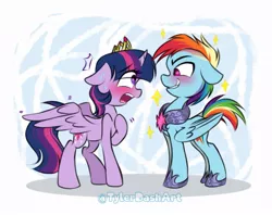 Size: 891x704 | Tagged: safe, artist:tylerdashart, derpibooru import, rainbow dash, twilight sparkle, twilight sparkle (alicorn), alicorn, pegasus, pony, blushing, crown, female, jewelry, lesbian, looking at each other, mare, nervous, regalia, shipping, smiling, sweat, twidash